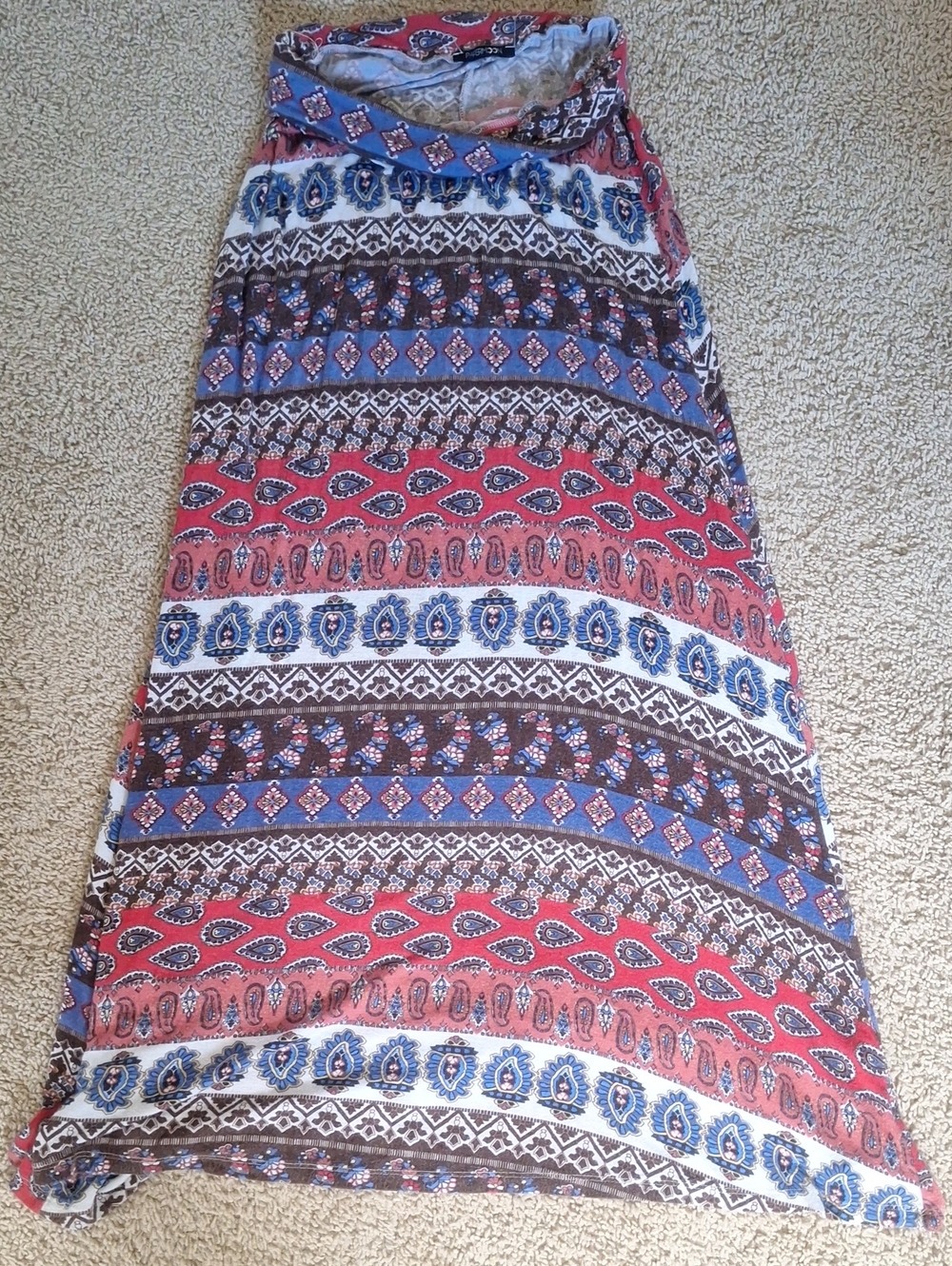 Boho Tiered Maxi Skirt in Coral, Blue & White